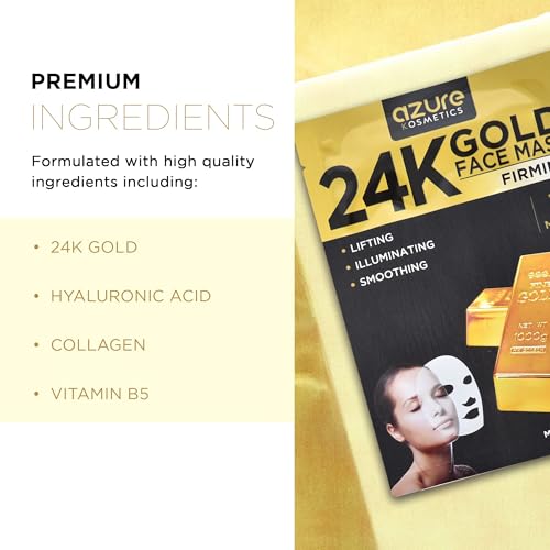AZURE 24K Gold Face Mask- Anti Aging, Hydrating, Toning Facial Mask - Helps Reduce Wrinkles & Fine Lines with Hyaluronic Acid & Collagen - Skin Care Made in Korea - Pack of 10