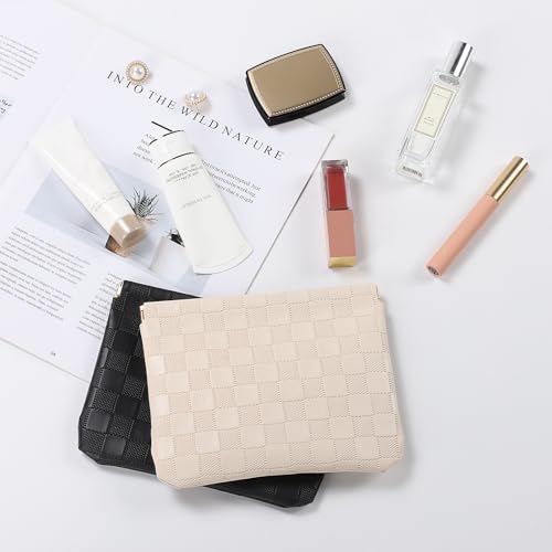 Sightor 2PCS Pocket Cosmetic Bag for Purse, Checkered Makeup Bag Portable Leather Cosmetic Bag for Women, Coin Purse Lipstick Cosmetic Accessories Organizer Travel Cosmetic Pouch (Black, Beige, L)4
