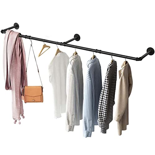 UNHO ハンガーパイプ 壁付け ハンガーラック アイアン 幅180p 大容量 おしゃれ 見せる収納 DIY 洋服ラック キッチン 浴室 ハンガーバー 頑丈 オープンクローゼット 耐荷重30s 黒