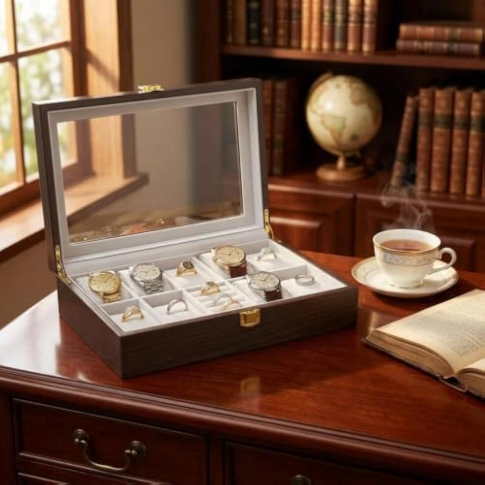 Wooden Watch Organizer Box with Transparent Top