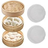 Vaporera de bambú, cesta de vapor asiática de bambú con tapa y 2 niveles, vaporizador de bambú, para arroz, dim sum, verduras, pescado o carne (diámetro de 15 cm)