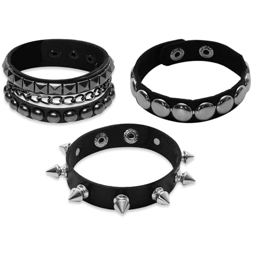3 Pcs Leather Punk Bracelet Punk Rock Cuff Punk Rock Studded Bracelet 80s Wristband Bracelets for Men Women Halloween Party Accessories