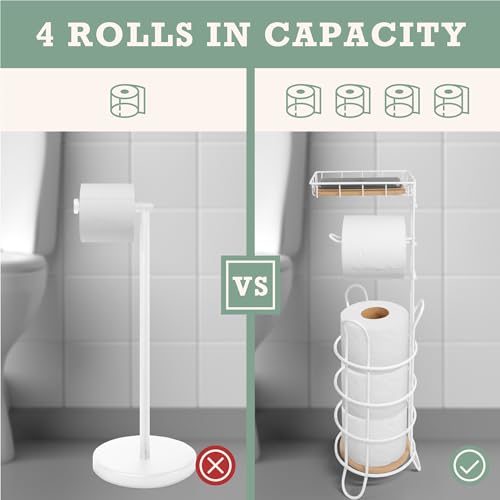 Inspired Living ME9899-WHT-AZ Toilet Paper Holder Stand With Phone Or Wipes Bamboo Shelf, Durable Free Standing Toilet Tissue Roll Storage Rack For Bathroom thumb #4
