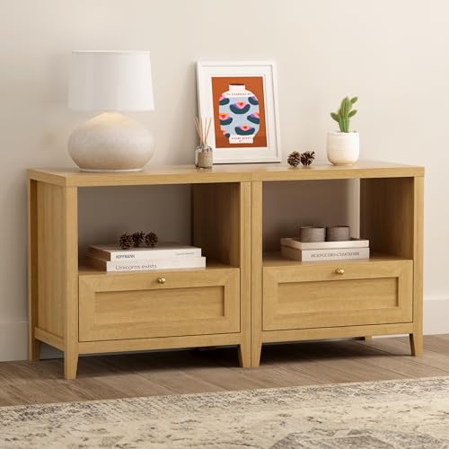 Image of EYYTHUNG Wooden Nightstands with Drawer Modern 24 inch Wide End Table Night Stand Large Farmhouse Bedside Table with Open Shelf Mid Century Night Stands for Sofa, Natural Oak