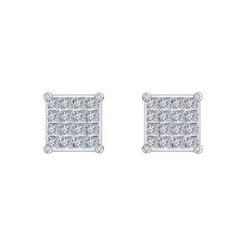 10K White Gold Princess Cut Diamond Square Cluster Stud Earrings (3/4 Carat) #TOP2