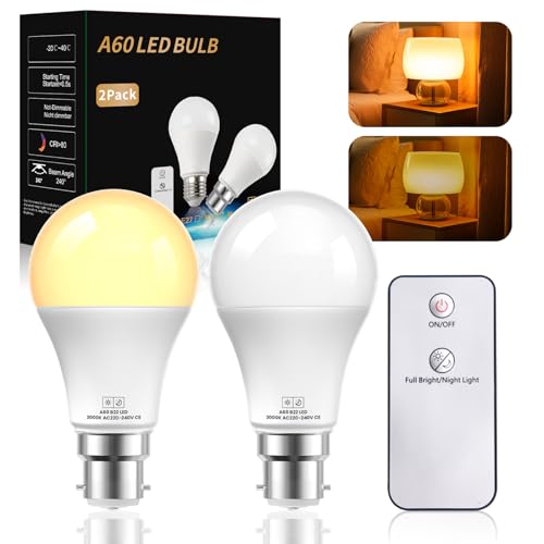 Lustaled B22 Bayonet Light Bulb with Remote Control 3000K Warm White 2 Light Mode 9W B22 LED Bulb All-On 600LM 1W Night Light Bulb 60lm A60 Energy Saving Light Bulbs Non-Dimmable - 2Pack