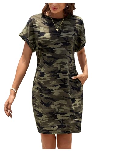 GORGLITTER Women's Camo Camouflage Dress Short Sleeve Round Neck Army Fatigue Tunic Dresses