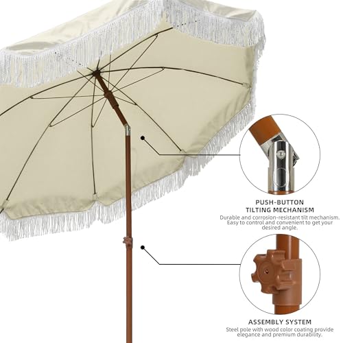 Image of AMMSUN 7ft Patio Umbrella with Fringe Outdoor Tassel Umbrella UPF50+ Premium Steel Pole and Ribs Push Button Tilt, Light Beige