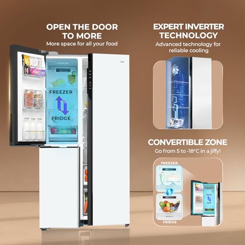 Image of Haier 598 L 3 Star Frost Free Expert Inverter Smart Sense AI enabled 3-Door Side by Side Refrigerator (HRT-683PWGU1, Pearl White Glass, Magic Convertible Zone, Premium Vogue Glass, 2026 Model)