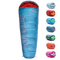 Meteor - YMER Kids Sleeping Bag – Camping Equipement for Girls, Boys & Teens – Compact Travel Gear for Hiking, Sleepover – Winter, Spring, Summer or Fall – for Kids 155 cm Tall - Blue/Orange