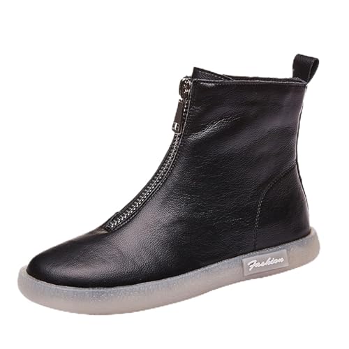 Keilinia Women's Winter Front Zipper Leather Ankle Boots,Comfy Waterproof Non-slip Soft Sole Flat Casual Dress Oxford Short Booties