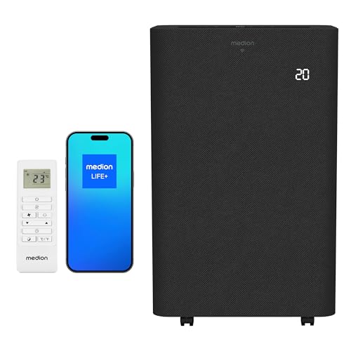 MEDION Smarte Mobile Klimaanlage mit Abluftschlauch P1402 (14000 BTU mobil inkl. Fensterabdichtung bis 50m 3in1 Kühlen Entfeuchten Ventilieren App- und Sprachsteuerung Schlafmodus
