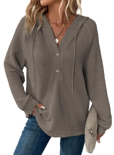 Image of Dokotoo Hoodies for Women Waffle Knit Button V Neck Casual Sweatshirt Tops
