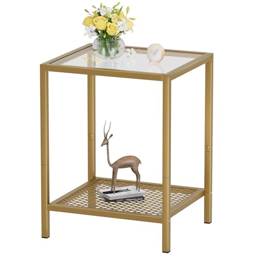 Image of SAYGOER Glass Side Table Small Gold End Table for Narrow Space 2-Tier Square Nightstand with Storage,13.3 inch x 11.8 inch x 19.7 inch,Modern Bed Side Table with Metal Frame for Bedroom Living Room, Easy Assembly