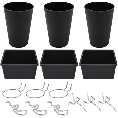 Juego Tablero Perforado, Organización de Pared Multifuncional, que Ahorra Espacio Pegboard, con 6 Vasos de Plástico y 9 Ganchos, para Garajes, Habitaciones, Bancos de Trabajo Etc (negro plata)
