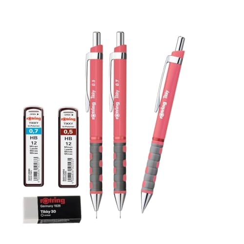 rOtring Tikky Bleistifte und Kugelschreiber, Nachfüllminen 0,7 mm, 0,5 mm, Teerose, Tikky Radiergummi, 28 Stück