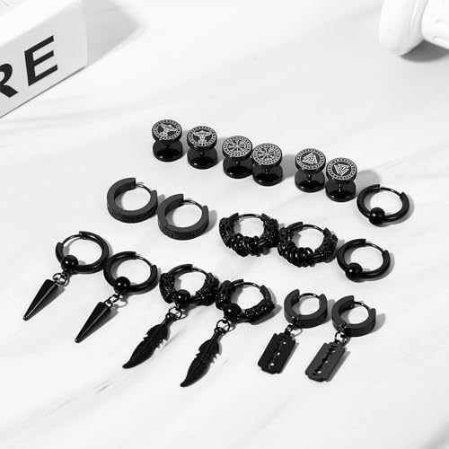 Viking Stud Earrings for Men Women: 8/9 Pairs Stainless Steel Fake Gauge Plug Huggie Hoop Celtic Wolf Earrings Jewelry Gifts4