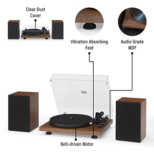 Image of Crosley C62C-WA Record Player with Speakers, Walnut | 2-Speed Turntable, ATN3600L Audio-Technica Cartridge, Standard 1 /2 inch Mount, Bluetooth In, Matching External Speakers