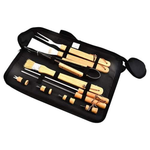 DOITOOL Juego de Utensilios Herramientas para Parrilla al Aire Libre y Bolsa de Transporte con Mango de Madera Portátil de 10 Piezas para Barbacoa Ideales para Camping y Picnic