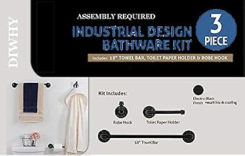Industrial Pipe Bathroom Hardware Fixture Set by Pipe Decor 3 Piece Kit Includes Robe Hook 18 Inch Towel Bar and Toilet Paper Holder Heavy Duty DIY Style Modern Chic Electroplated Black Finish