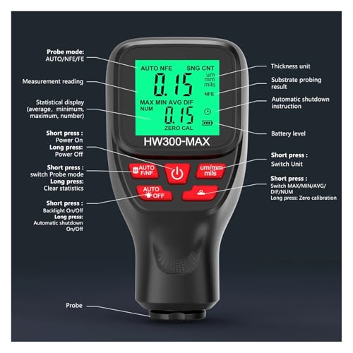 Medidor de grosor de pintura HW300-MAX para automóvil, medidor de capa 0-2000 UM, detector de pintura para metales Fe y NFe, tester portátil (Negro) miniatura 3