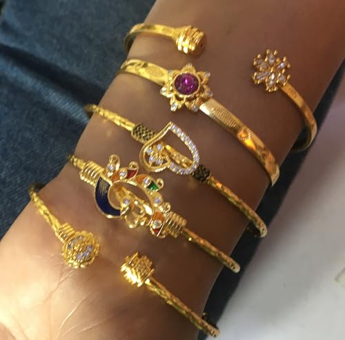 Image of Touchstone Indian Bollywood Handcrafted Engraved Etched Floral Round Rhinestones Cubic Zirconia CZ Designer Jewelry Openable Elegant Gold Plated Bracelets Combos for Women