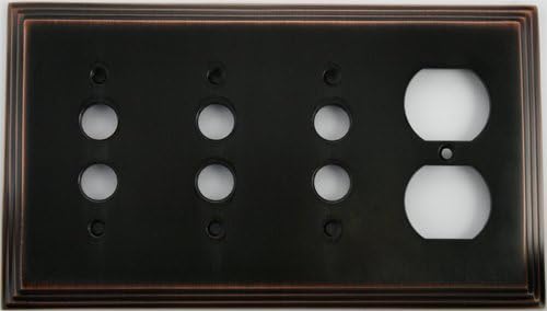 Deco Step Style Oil Rubbed Bronze 4 Gang Wall Plate - 3 Push Button Switches 1 Duplex Outlet