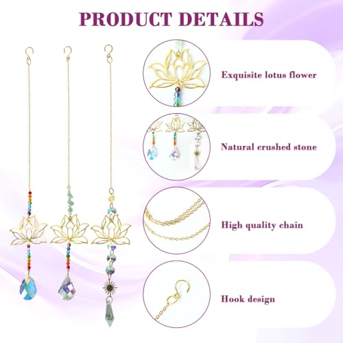 Image of HASTHIP 3 Pcs Lotus Color Crystal Stone Hanging, Suncatcher Wall Hanging Ornaments, Cutout Lotus Charm Zen Decor Rainbow Beaded Gem Suncatcher Wind Chime for Door, Window, Room
