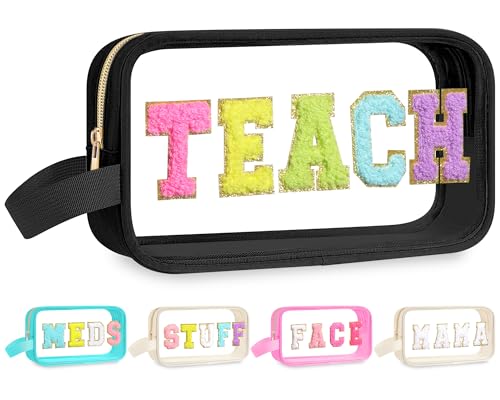 Kacctyen Teach Bag Pouch Teacher Gift Survival Kit Bag Clear Makeup Chenille Letter Cosmetics Nylon Toiletry Waterproof Makeup Travel Pouch Teacher Stuff for Women