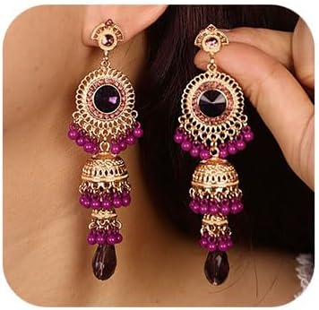 Missgrace Bohemian Indian Purple Red Black Rhinestone Dangle Tassel Long Earrings for Women Vintage Chandelier Earrings Beaded Crystal Jhumka Jhumki Tassel Studs Traditional Earrings for Women