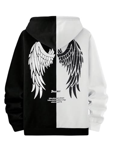 SHENHE Men's Color Block Wing Graphic Drawstring Hoodie Drop Shoulder Pullovers Streetwear