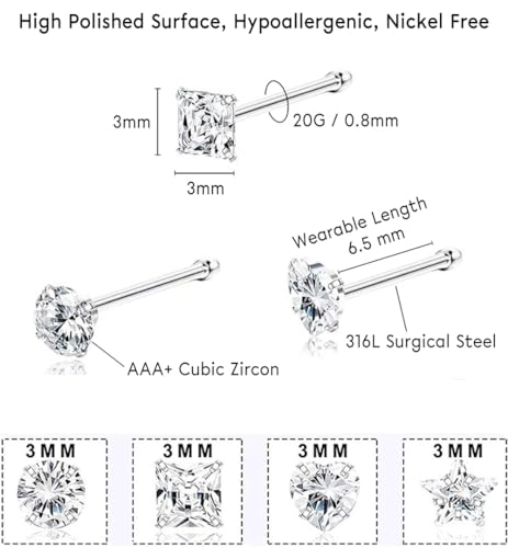 8Pcs 20G Nose Rings studs for Woman Hypoallergenic 316L Surgical Steel Gold-Plated Nose Piercings Jewelry 3mm CZ L Shape Nose Rings 20 Gauge Nose Studs Nose Screw Studs Gold-Tone Silver-Tone3