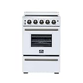 Forno Loiano 24" Electric Range with Antique Brass Handle & 6,000W Cooktop, 2.30 cu. ft. Oven With Built-In Air Fryer Basket, Single-Element Broiler, Preheat Indicator & Storage Drawer - White
