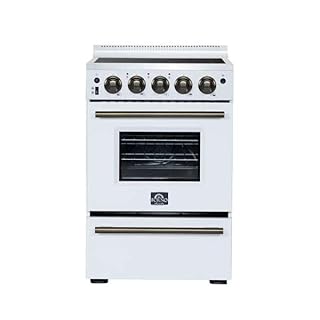 Forno Loiano 24" Electric Range with Antique Brass Handle & 6,000W Cooktop, 2.30 cu. ft. Oven With Built-In Air Fryer Basket, Single-Element Broiler, Preheat Indicator & Storage Drawer - White