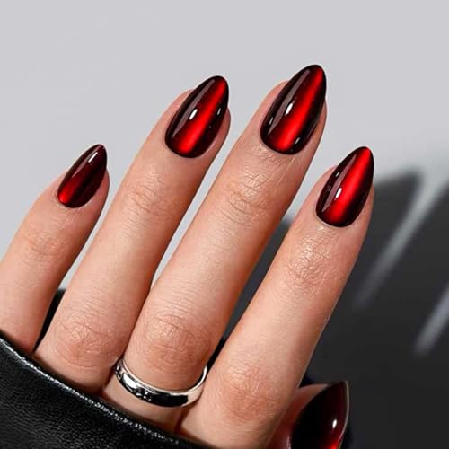 Image of Christmas Red Press on Nails Medium Almond Fake Nails Glitter Glue on Nail Press ons with Design Glossy Full Cover Shiny Stick on Nail for Women Girls Manicure 24Pcs