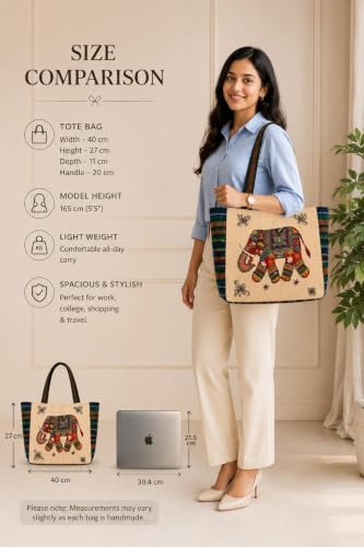 Image of Elephant Print Canvas Tote Bag for Women, Ethnic Shoulder Handbag with Multicolor Elephant Design, Dual Handle Everyday Carry Bag for Shopping, Office, College, Travel & Daily Use