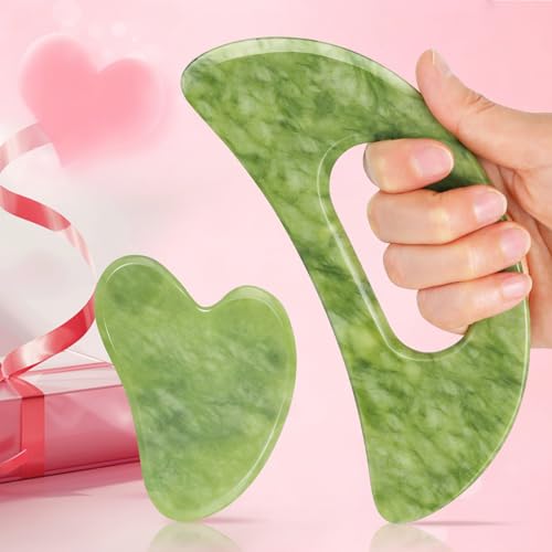 Jade Stone Gua Sha Massage Tool Set Larger Guasha Board with Handle Muscle Scraping Massage Tools Facial Anti Cellulite Spa Acupuncture Tools for Back Neck Face Leg Massage, Lymphatic Drainage