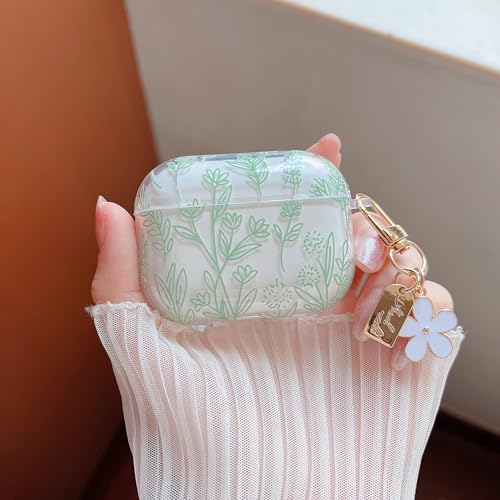 Image of MINSCOSE for AirPods Pro 3rd Generation Case (2025),Cute Flower Floral Aesthetic Design with Floral Keychain with Cleaner Kit for Girls Women for AirPods Pro 3-Green