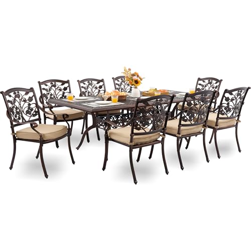 9-Piece Cast Aluminum Outdoor Dining Set, Copper Red Patio Furniture for 8 Includes Unique Strawberry & Leaf 87" Rectangular Outdoor Dining Table and 8 Stackable Chairs with Cushions & Umbrella Hole
