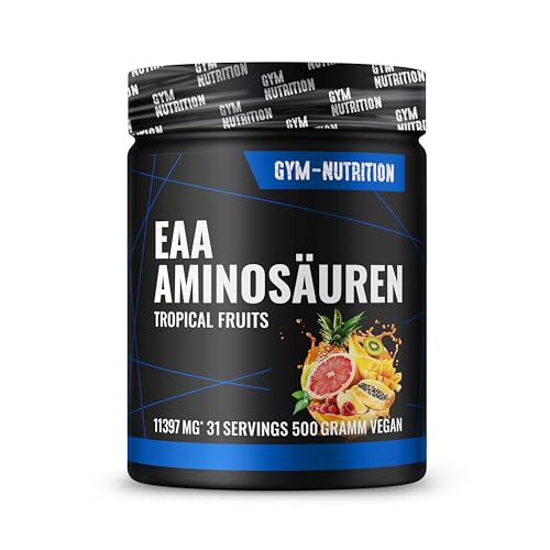 EAA Pulver hochdosiert I 500g mit 8 essentiellen Aminosäuren (EAAs) I Vegan I Ohne Farb- und Aromastoffen (Tropical-Fruits)
