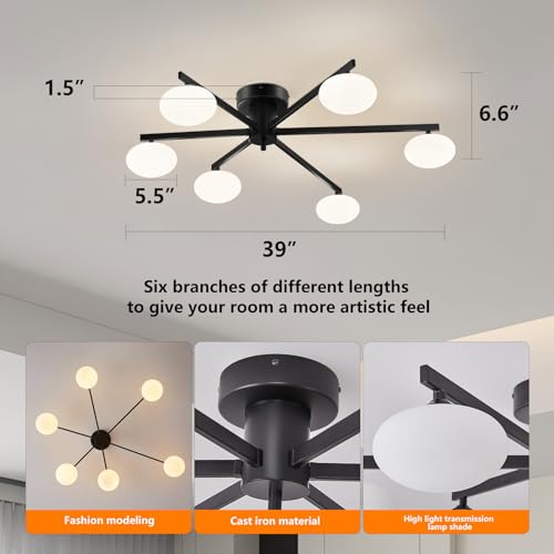 Fang Yan Mei mid Century Ceiling Light,Globe Semi Flush Mount Ceiling Light Black Sputnik 6-Lights Ceiling Lighting Modern Close to Ceiling Light for Bedroom Kitchen Dining Room - image 5