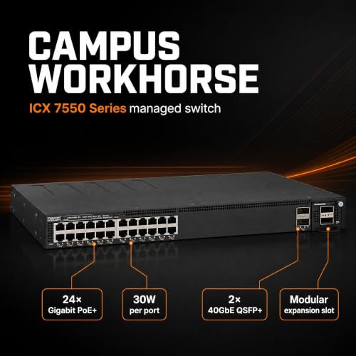 Image of RUCKUS ICX7550-24P Managed Switch, 24x Gigabit PoE+, 2x 40GbE QSFP+ + modular expansion slot Uplinks, up to 1900W PoE Budget, Dual Hot-Swap PSU - Stackable Campus Switch, 40 /100G Uplinks - ICX7550-24P