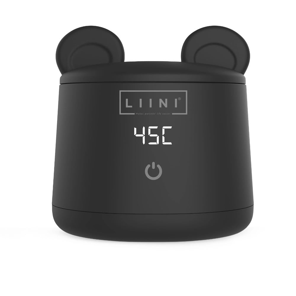 LIINI® BASIC Flaschenwärmer mit Akku, 45W, schwarz – 4 Stufen 37/40/45/50°C, Akku 9.000 mAh, unterwegs & zuhause, USB-C, Staubschutz im Bärenohren-Look, BPA-frei, CE/RoHS