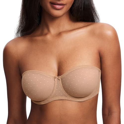 Image of DOBREVA Women's Mesh Strapless Bra Sheer Unlined See Through Underwire Bras Plus Size