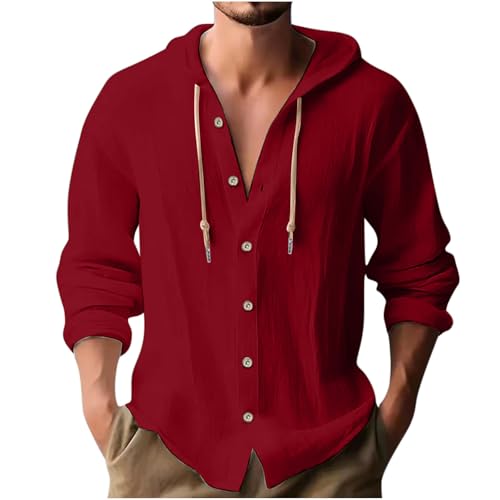 Linen Long Sleeve Shirts for Men Lightweight Breathable Button Down Hoodie Drawstring Fashion Casual Muscle Shirts