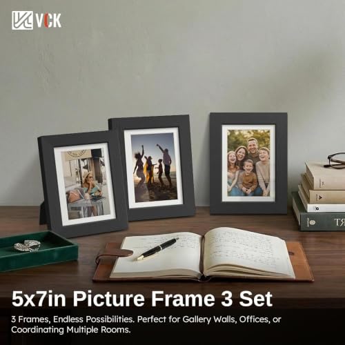 Image of VCK 5x7 Picture Frame 3 Pack, Black Wood, 4x6 Mat, Glass, for Photo Print