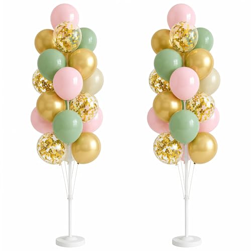 Image of Hiins Balloon Column Kit Set of 2 With Balloons Included - with Base, and Pole,Balloon Tower Backdrop Decoration for Wedding, Baby Shower, Birthday Party, or Bachelorette Parties (Sage Green Gold)