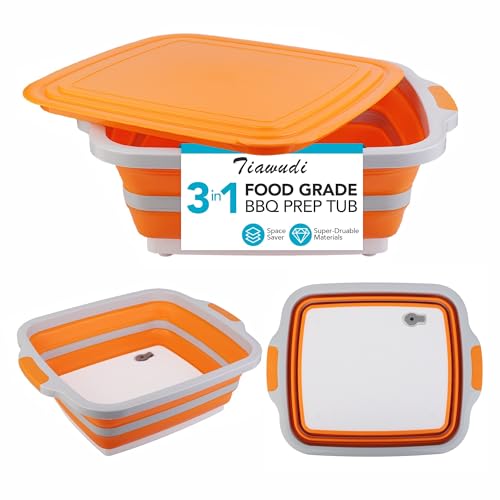 Collapsible Cutting Board with Container, Foldable Camping Sink with Colander, BBQ Prep Tub with Lid, Multifunction Dish Basin for Kitchen, Bowl, Vegetable and Fruit, 2.11 Gal/8L Storage Basket