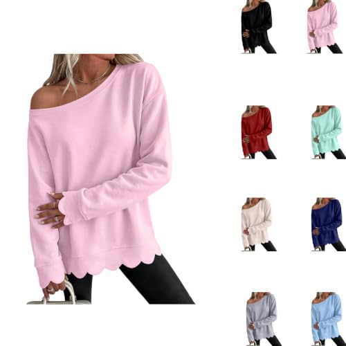Off Shoulder Sweatshirt for Women Cotton Scalloped Hem Fall Pullover Tops - image 1