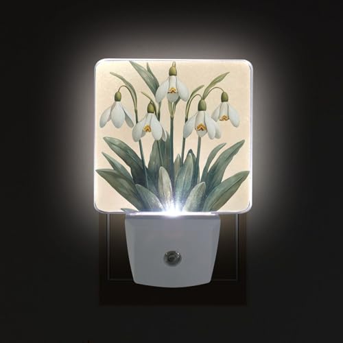 Image of Snowdrops with Green Leaves Night Lights 2 Pack Plug-in Wall Led Nightlight Auto Dusk-to-Dawn Sensor Lamps for Bedroom Kitchen Bathroom